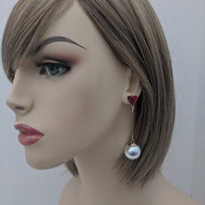 Gold Heart Drop Earrings White Pearl Ball Bride